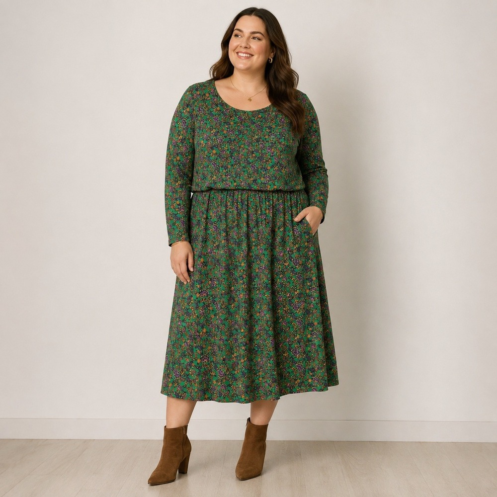 Boden Green Paisley Floral Jersey Abigail Midi Dress Pockets US 20/22 Long Tall